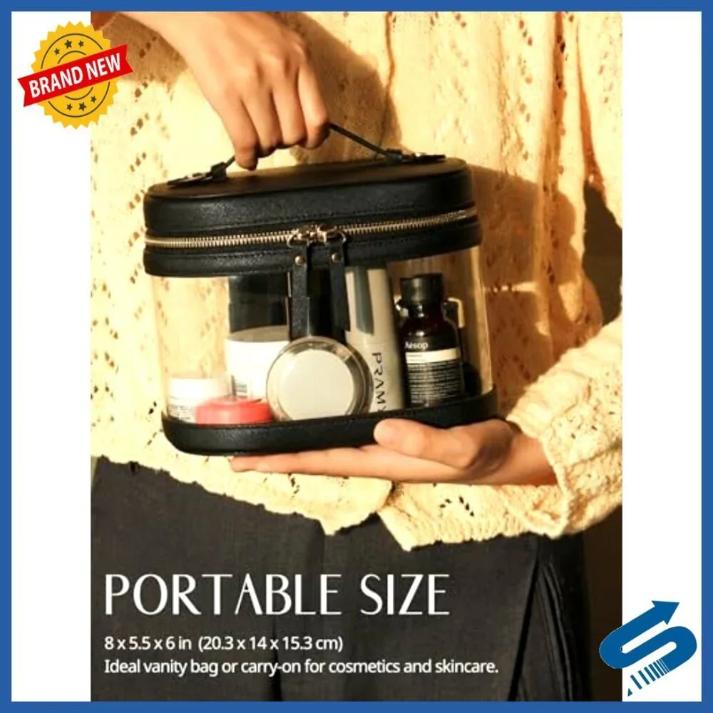 Clear Travel Makeup Bag with Brush Holder, 8x5.5x6 Inches, Faux Leather